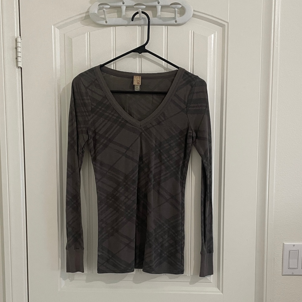 BKE Charcoal Plaid V-Neck Blouse